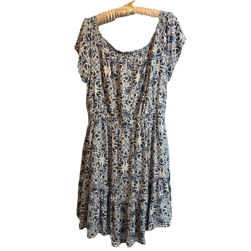 Jessica Simpson Summer Dress White Blue Flowers Lined Off The Shoulder Women 1X